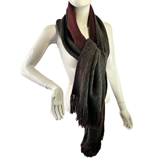 Garage Reversible Fringed Scarf Wrap Shawl Burgundy Gray Acrylic Oblong 78 X 17 - Picture 4 of 10